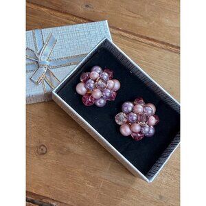 Vintage Japan Pink & Purple Beaded Clip-On Earrings With Box